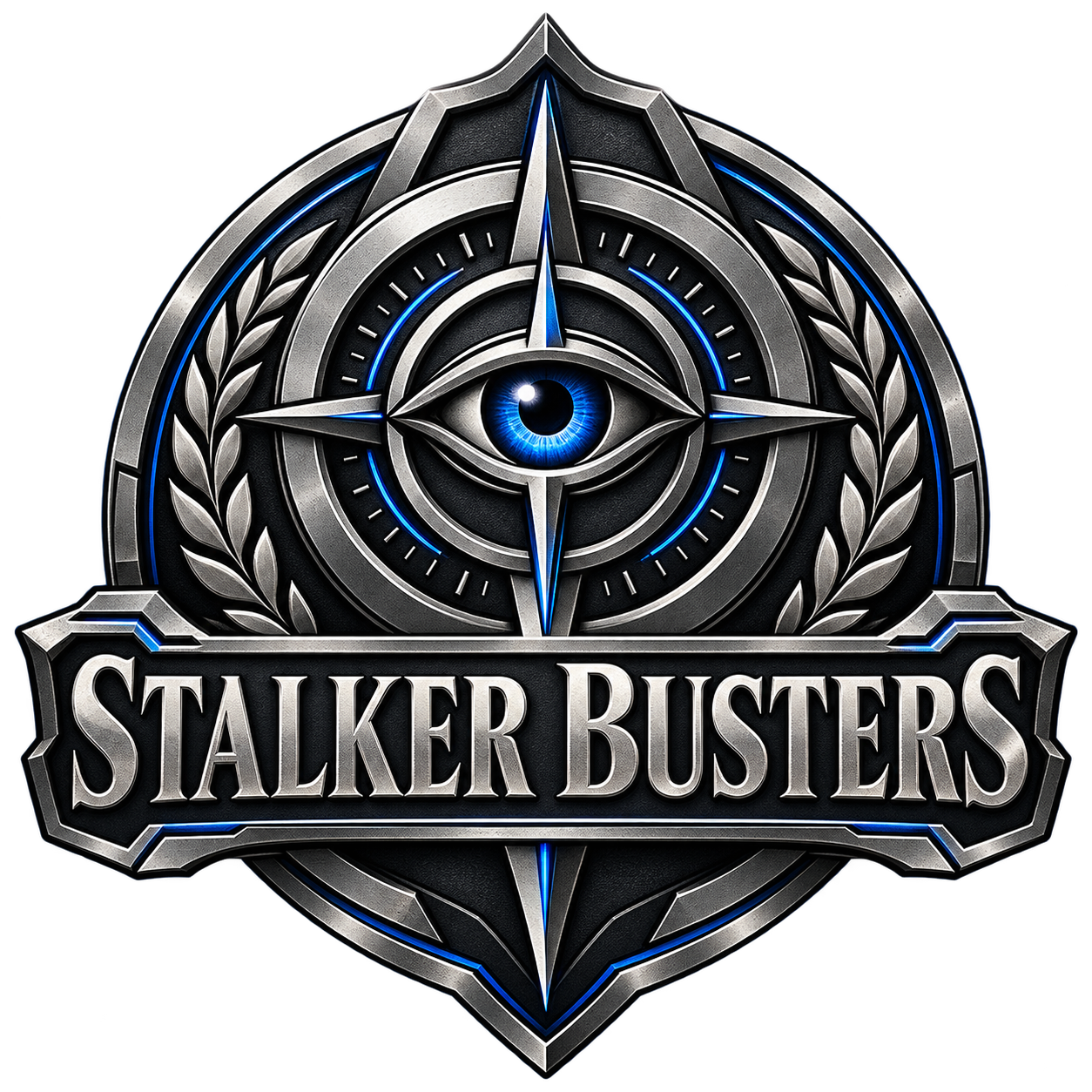 Stalker Busters silver and blue eye crest